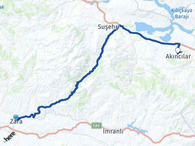 Sivas Zara Akıncılar Arası Kaç Km - Yol Haritası
