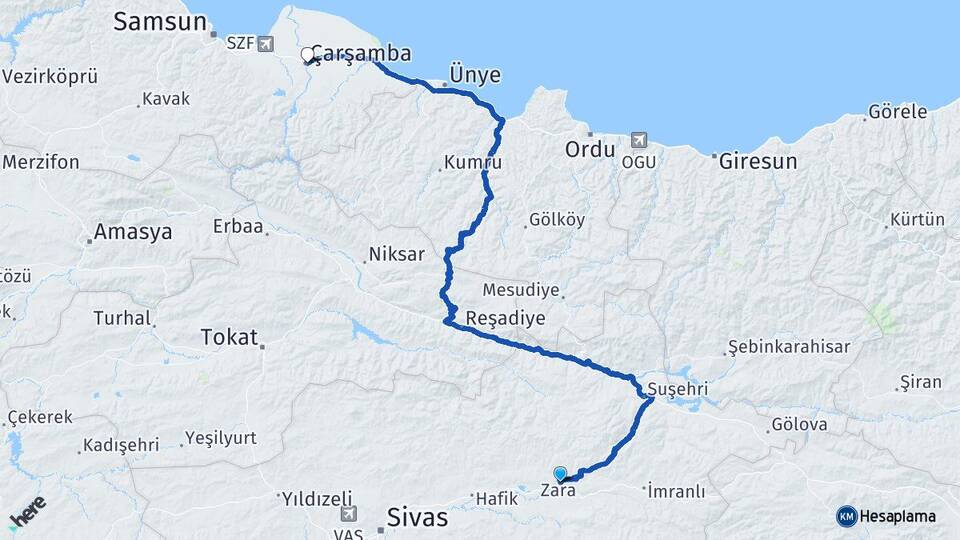 Sivas Zara Çarşamba Samsun Arası Kaç Km - Yol Haritası