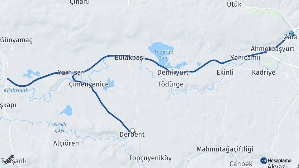 Sivas Zara Derbent Zara Arası Kaç Km - Yol Haritası