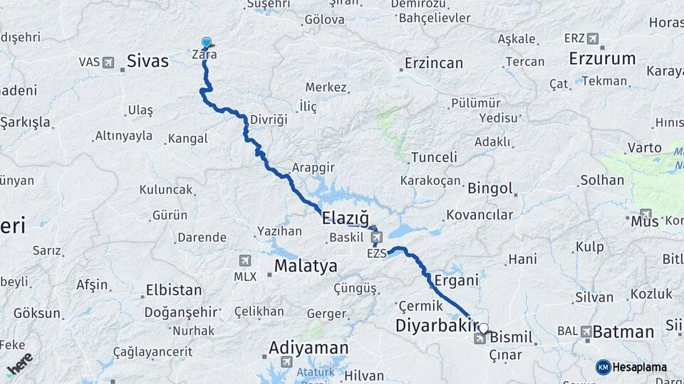 Sivas Zara Diyarbakır Arası Kaç Km - Yol Haritası