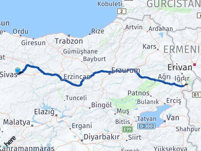 Sivas Zara Doğubayazıt Ağrı Arası Kaç Km - Yol Haritası