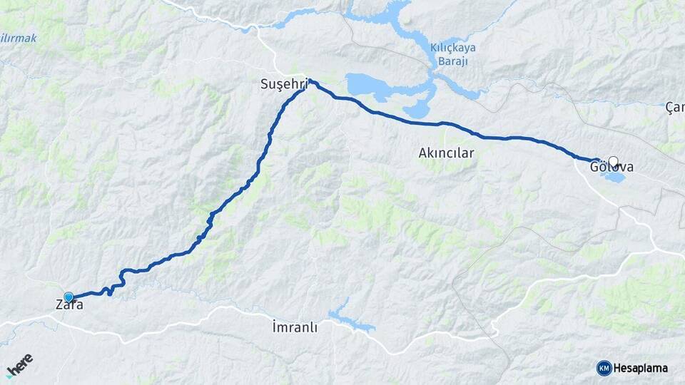 Sivas Zara Gölova Arası Kaç Km - Yol Haritası
