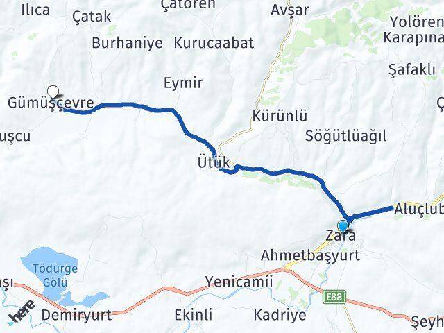 Sivas Zara Gümüşçevre Zara Arası Kaç Km - Yol Haritası