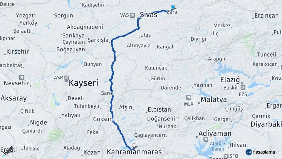 Sivas Zara Kahramanmaraş Arası Kaç Km - Yol Haritası