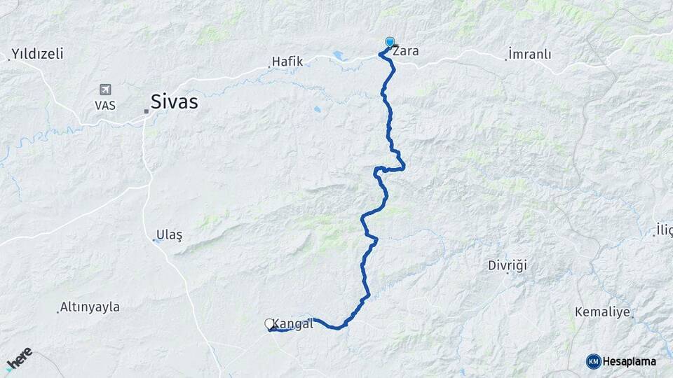 Sivas Zara Kangal Arası Kaç Km - Yol Haritası