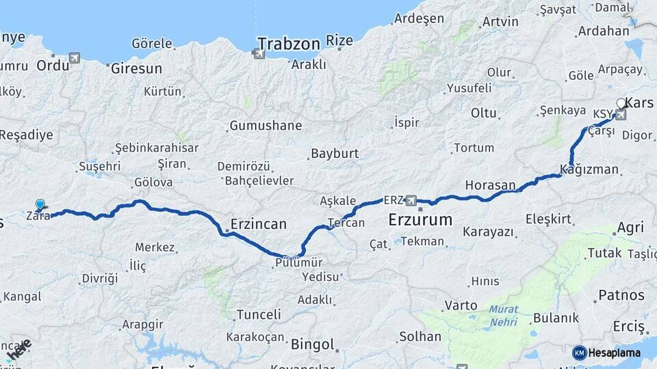 Sivas Zara Kars Arası Kaç Km - Yol Haritası
