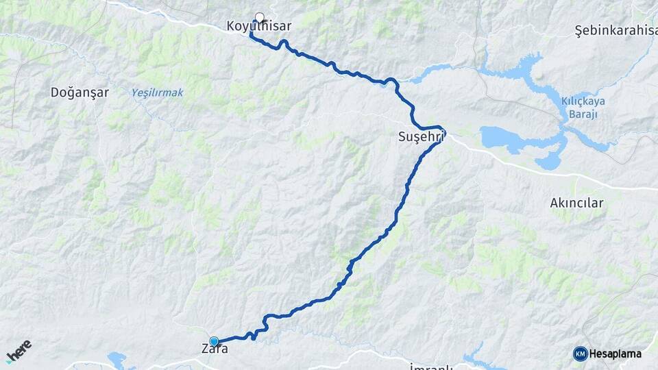 Sivas Zara Koyulhisar Arası Kaç Km - Yol Haritası