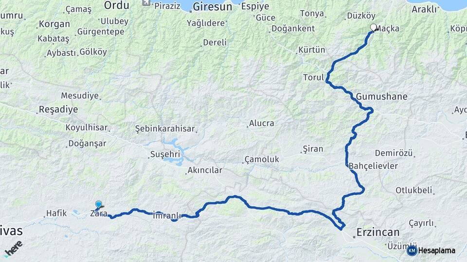Sivas Zara Maçka Trabzon Arası Kaç Km - Yol Haritası