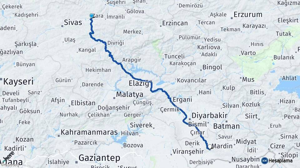 Sivas Zara Mardin Arası Kaç Km - Yol Haritası