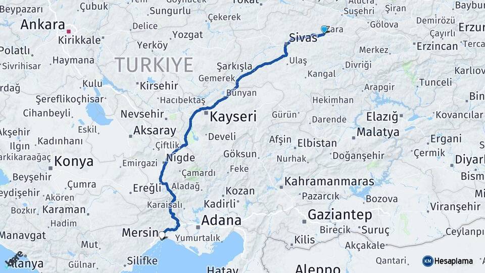 Sivas Zara Mersin Arası Kaç Km - Yol Haritası