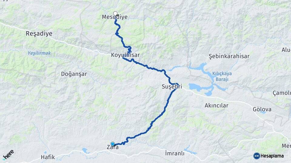 Sivas Zara Mesudiye Ordu Arası Kaç Km - Yol Haritası