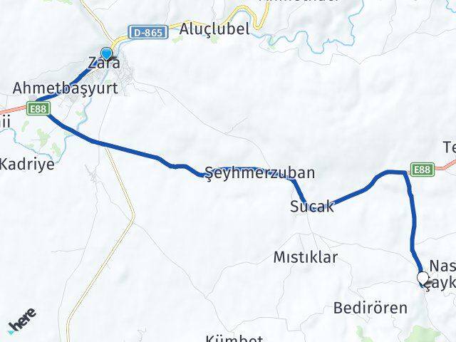 Sivas Zara Nasır Zara Arası Kaç Km - Yol Haritası