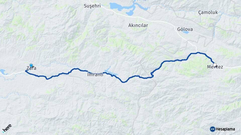 Sivas Zara Refahiye Erzincan Arası Kaç Km - Yol Haritası