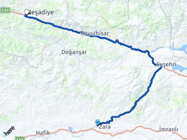 Sivas Zara Reşadiye Tokat Arası Kaç Km - Yol Haritası