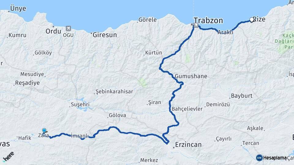 Sivas Zara Rize Arası Kaç Km - Yol Haritası