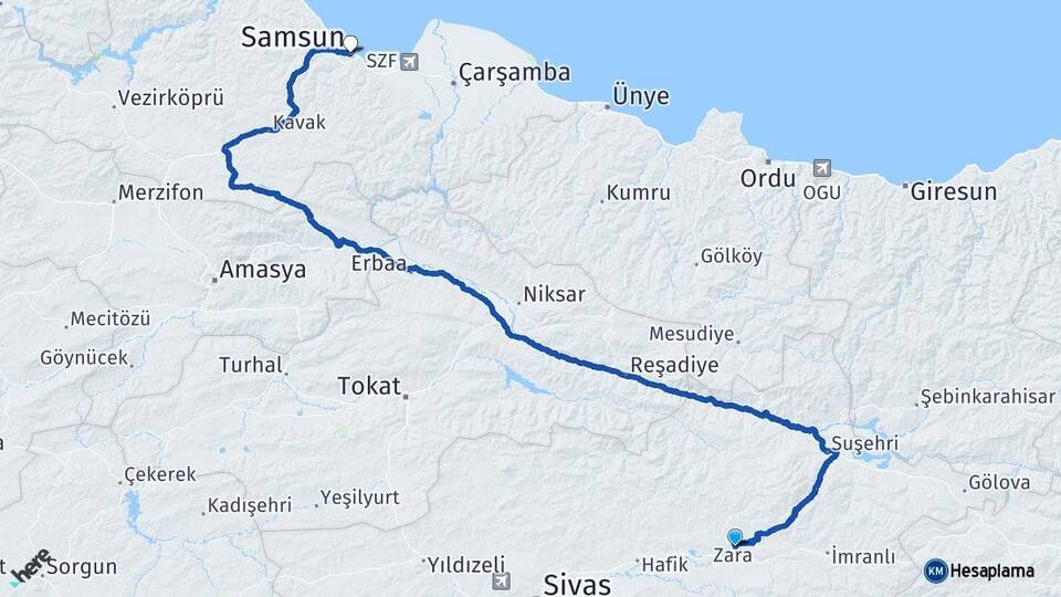Sivas Zara Samsun Arası Kaç Km - Yol Haritası