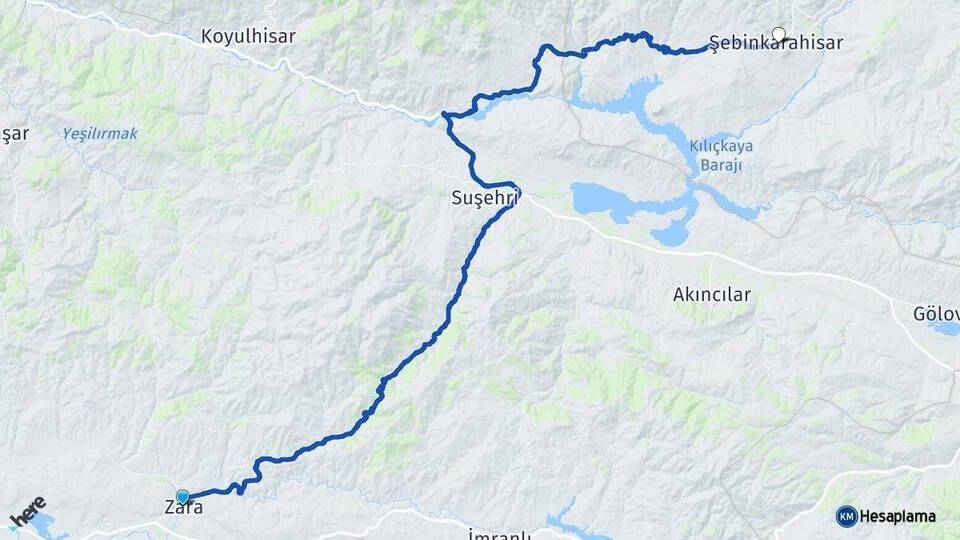 Sivas Zara Şebinkarahisar Giresun Arası Kaç Km - Yol Haritası