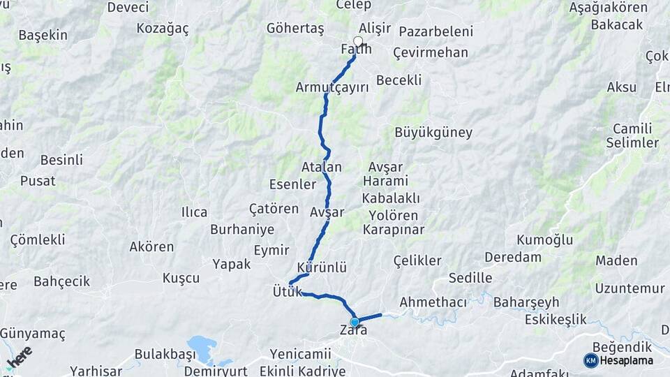 Sivas Zara Şerefiye Zara Arası Kaç Km - Yol Haritası