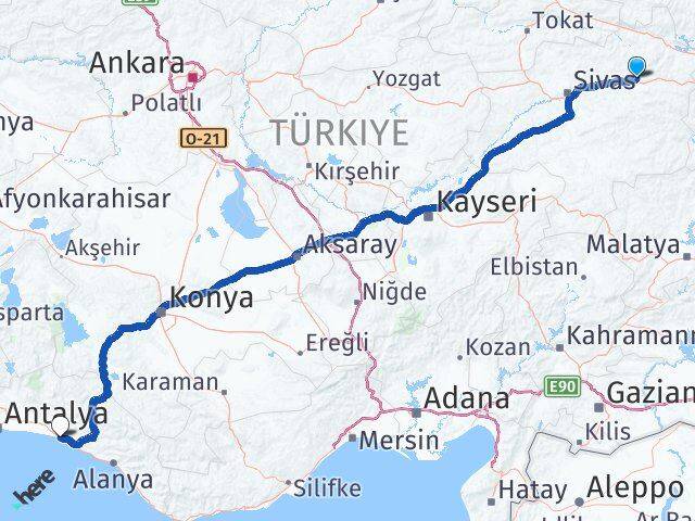 Sivas Zara Side Manavgat Antalya Arası Kaç Km - Yol Haritası
