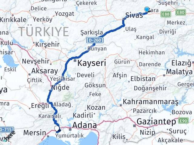 Sivas Zara Tarsus Mersin Arası Kaç Km - Yol Haritası