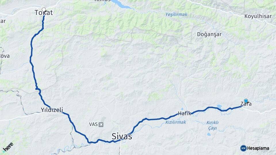 Sivas Zara Tokat Arası Kaç Km - Yol Haritası