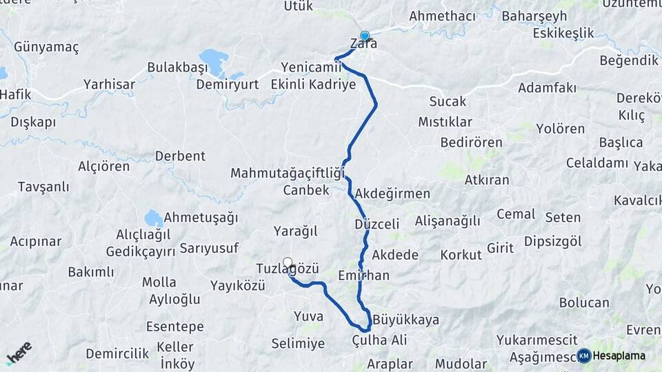 Sivas Zara Tuzlagözü Zara Arası Kaç Km - Yol Haritası
