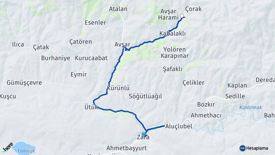 Sivas Zara Ütükyurdu Zara Arası Kaç Km - Yol Haritası