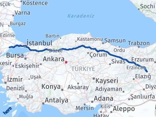 Tekirdağ Adaklı Bingöl Arası Kaç Km - Yol Haritası