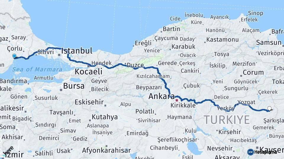 Tekirdağ Akdağmadeni Yozgat Arası Kaç Km - Yol Haritası