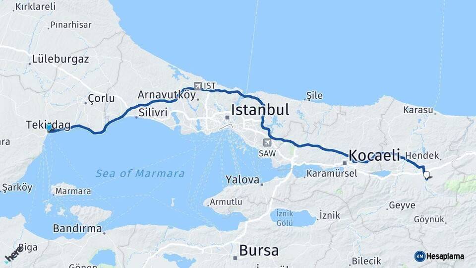 Tekirdağ Akyazı Sakarya Arası Kaç Km - Yol Haritası