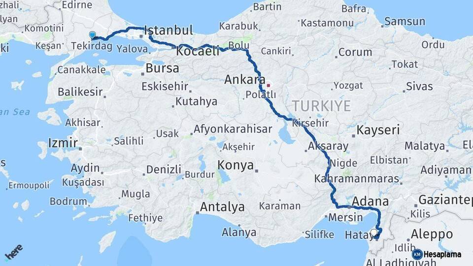Tekirdağ Antakya Hatay Arası Kaç Km - Yol Haritası