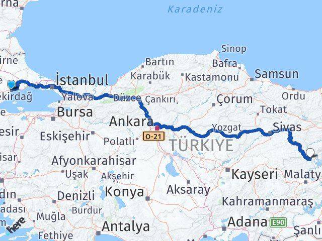 Tekirdağ Arapgir Malatya Arası Kaç Km - Yol Haritası