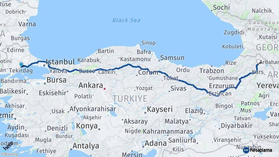 Tekirdağ Ardahan Arası Kaç Km - Yol Haritası