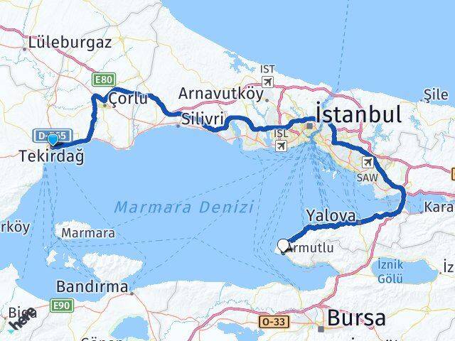 Tekirdağ Armutlu Yalova Arası Kaç Km - Yol Haritası