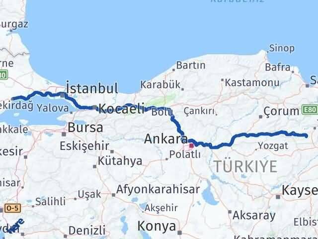 Tekirdağ Artova Tokat Arası Kaç Km - Yol Haritası