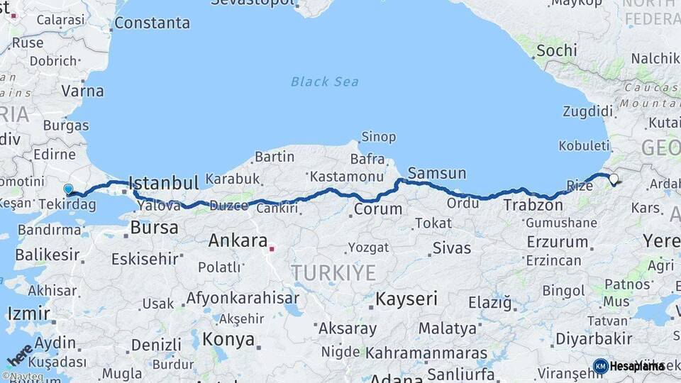 Tekirdağ Artvin Arası Kaç Km - Yol Haritası