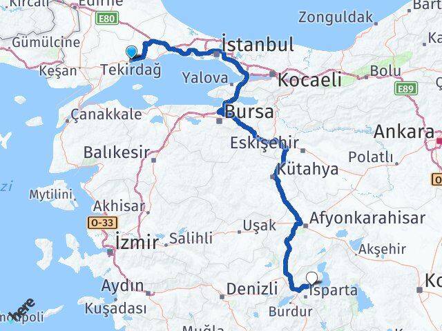 Tekirdağ Atabey Isparta Arası Kaç Km - Yol Haritası