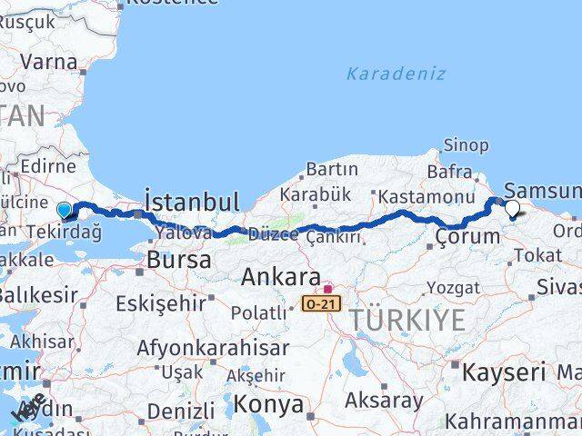 Tekirdağ Ayvacık Samsun Arası Kaç Km - Yol Haritası