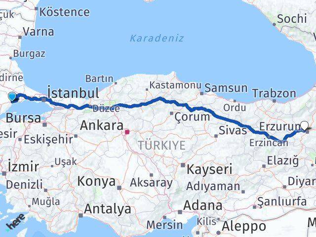 Tekirdağ Aziziye Erzurum Arası Kaç Km - Yol Haritası