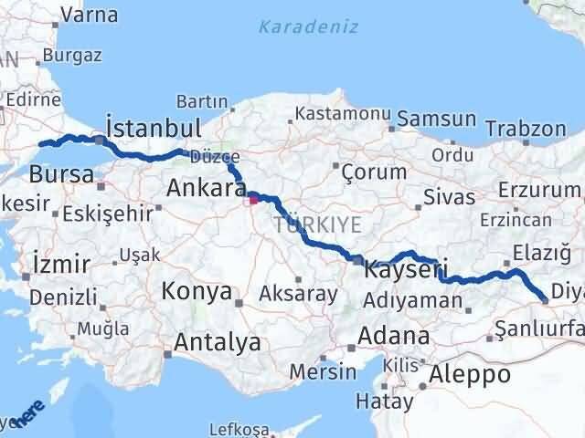 Tekirdağ Bağlar Diyarbakır Arası Kaç Km - Yol Haritası