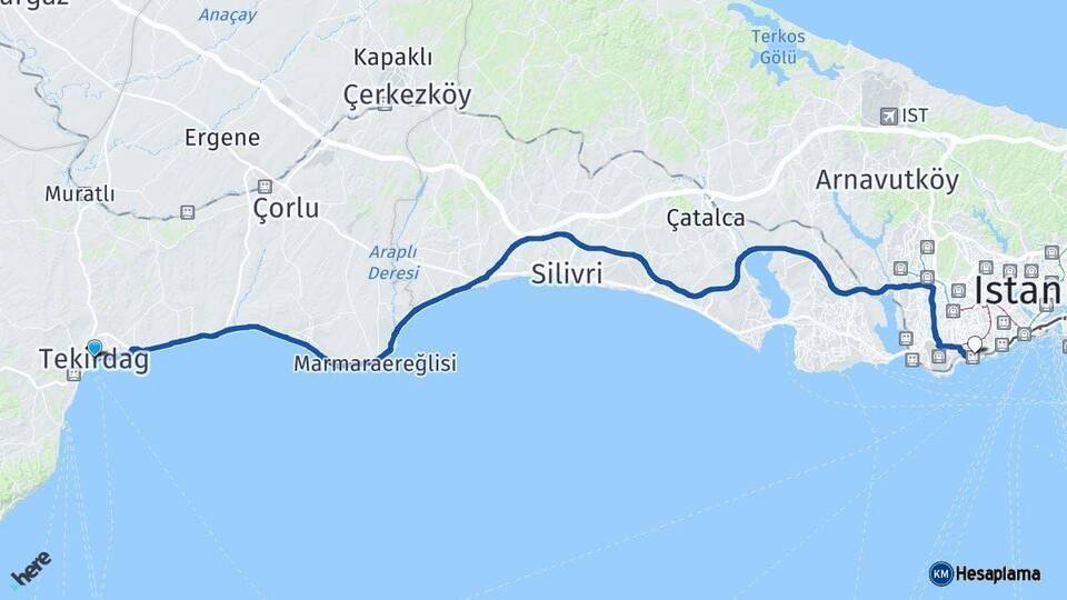 Tekirdağ Bakırköy İstanbul Arası Kaç Km - Yol Haritası