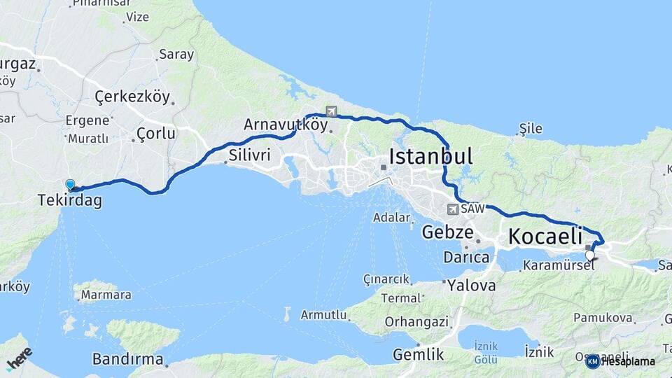 Tekirdağ Başiskele Kocaeli Arası Kaç Km - Yol Haritası