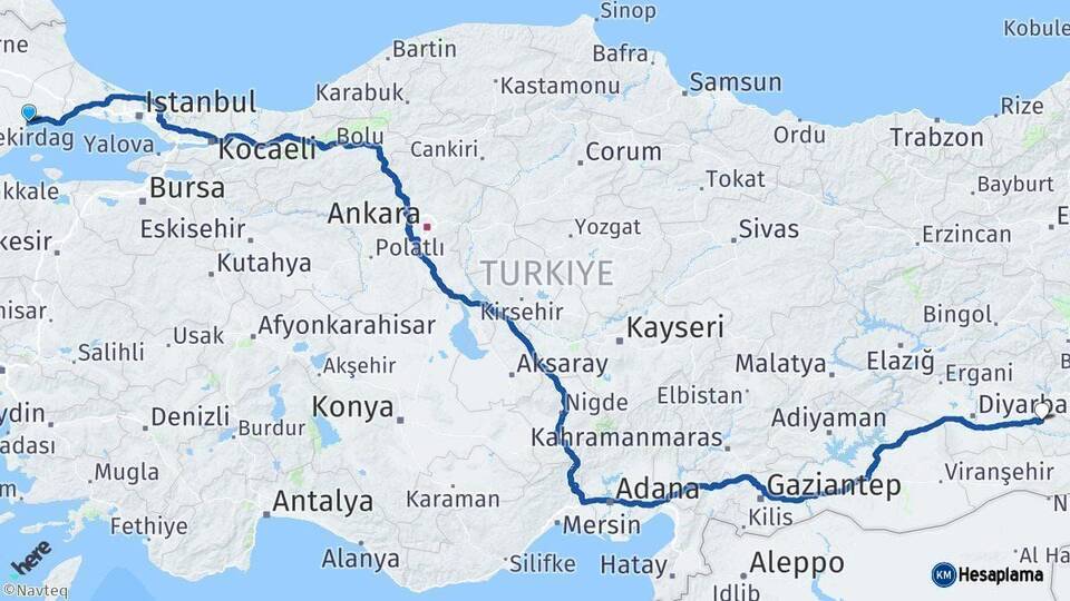 Tekirdağ Batman Arası Kaç Km - Yol Haritası