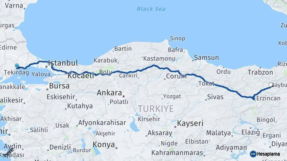 Tekirdağ Bayburt Arası Kaç Km - Yol Haritası