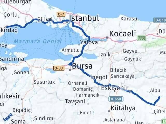 Tekirdağ Beylikova Eskişehir Arası Kaç Km - Yol Haritası