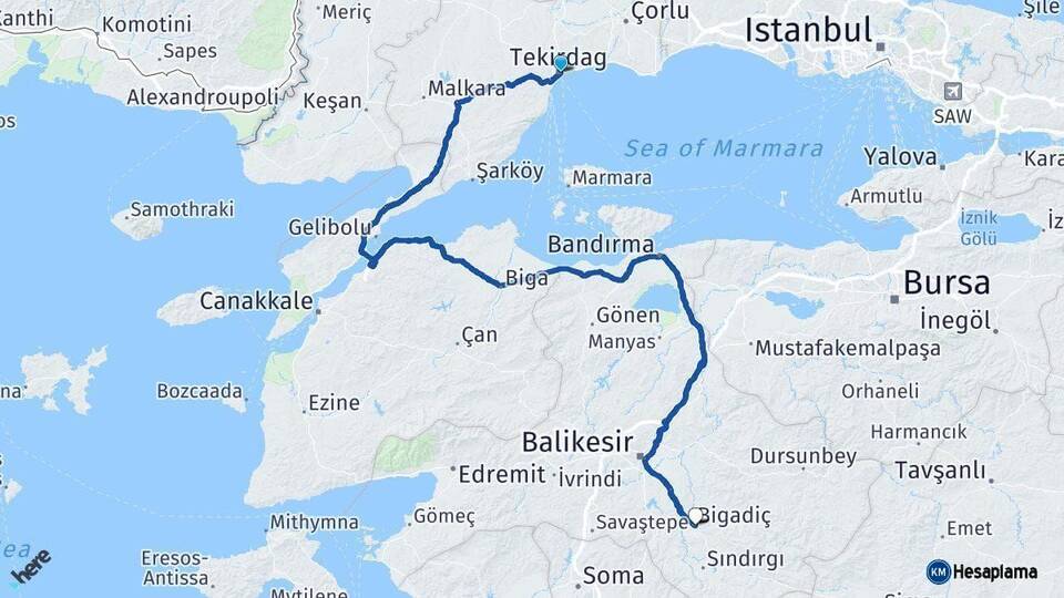Tekirdağ Bigadiç Balıkesir Arası Kaç Km - Yol Haritası