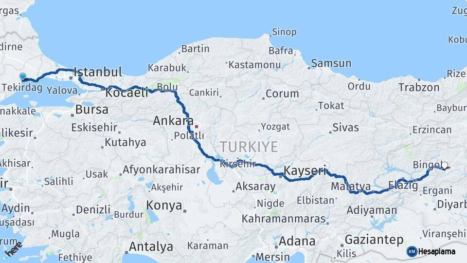 Tekirdağ Bingöl Arası Kaç Km - Yol Haritası