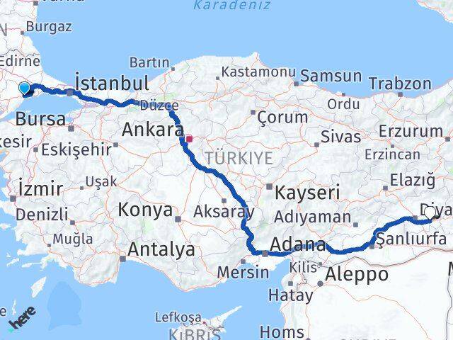 Tekirdağ Bismil Diyarbakır Arası Kaç Km - Yol Haritası