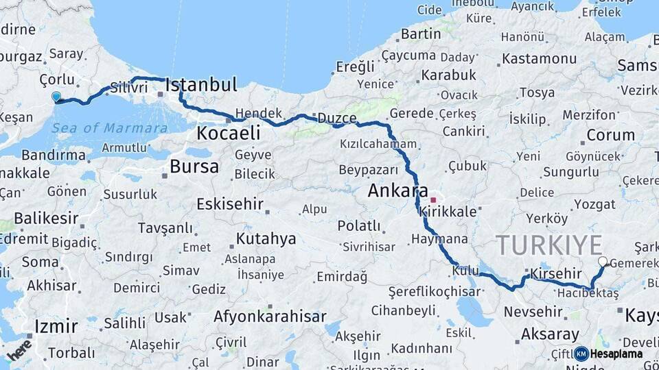 Tekirdağ Boğazlıyan Yozgat Arası Kaç Km - Yol Haritası
