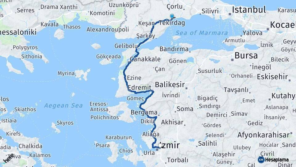 Tekirdağ Bornova İzmir Arası Kaç Km - Yol Haritası